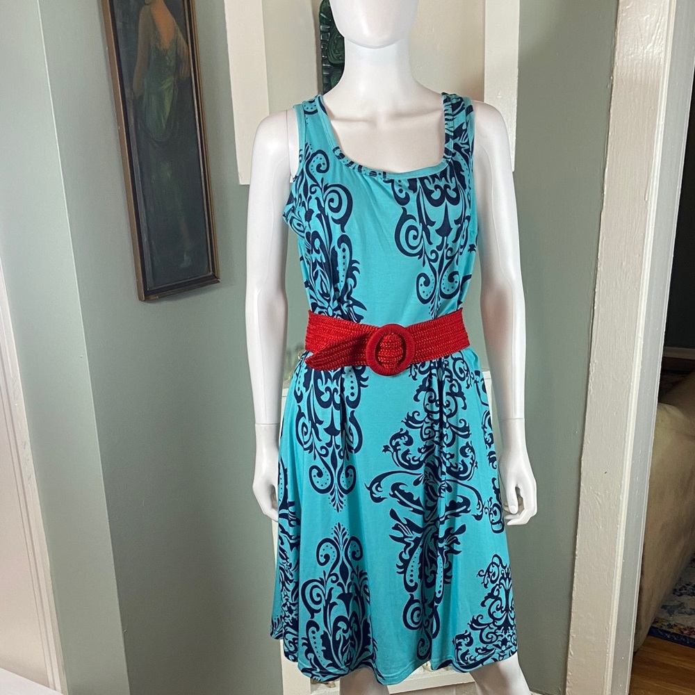 3/$12 Fensace Blue Filigree Damask Skater Dress Tank Midi Sundress XL XLarge - Picture 5 of 12